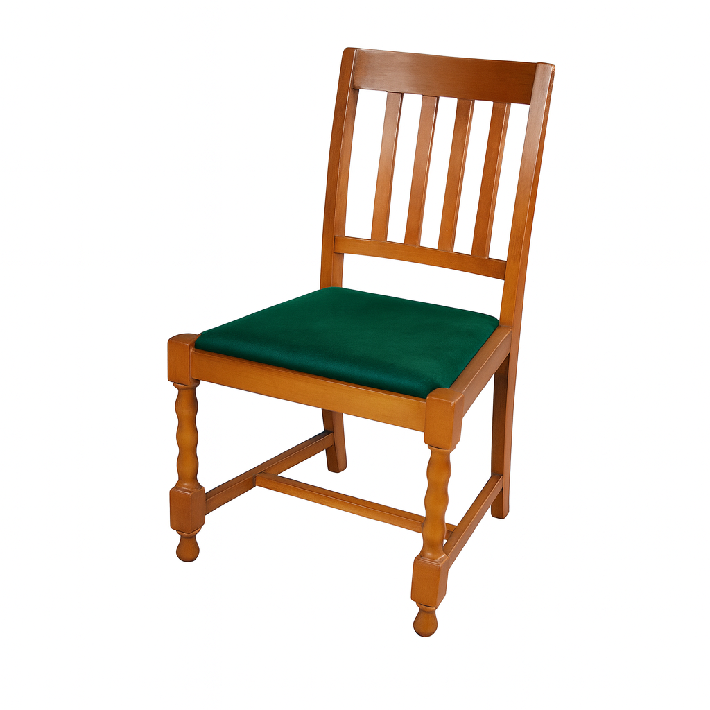 Classic wooden chair featuring a green cushioned seat, perfect for home or office use.
