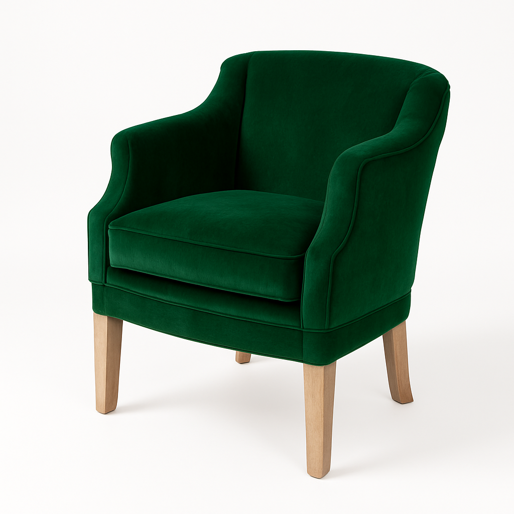 Stylish green velvet accent chair with wooden legs, perfect for home decor