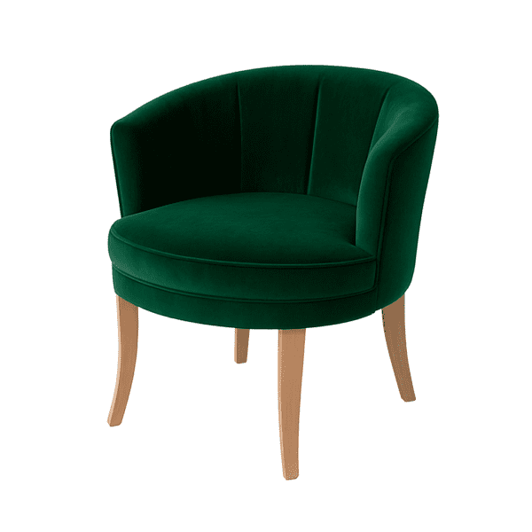 Stylish green velvet accent chair with wooden legs, perfect for home decor.