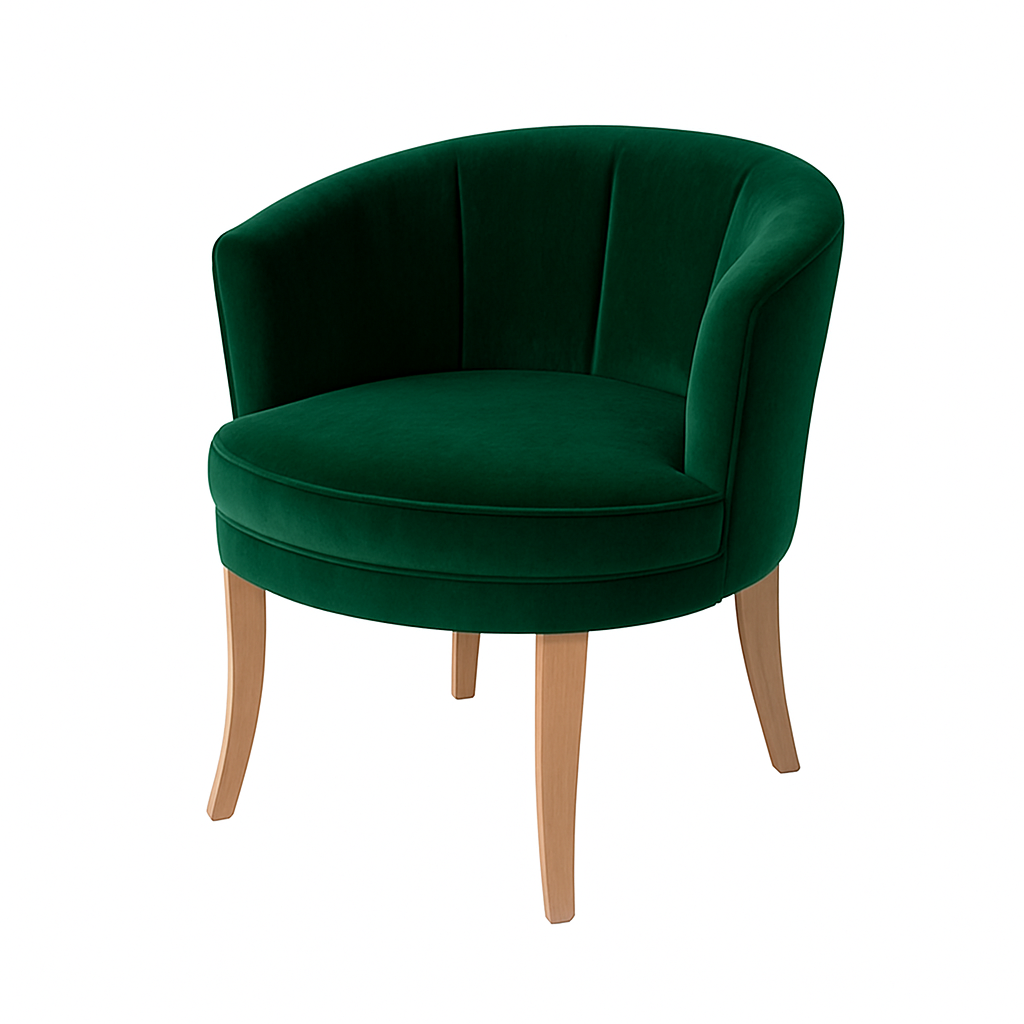 Stylish green velvet accent chair with wooden legs, perfect for home decor.
