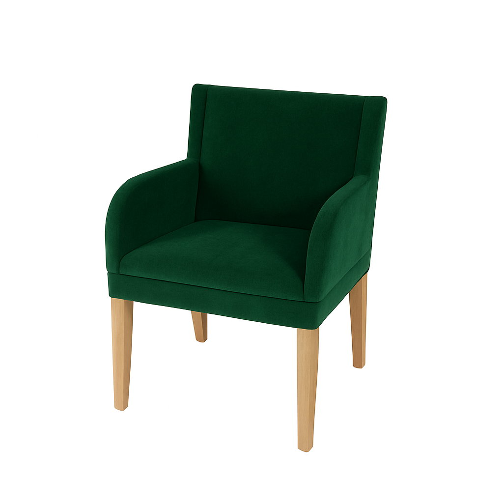Stylish green armchair with wooden legs, suitable for contemporary interior decor