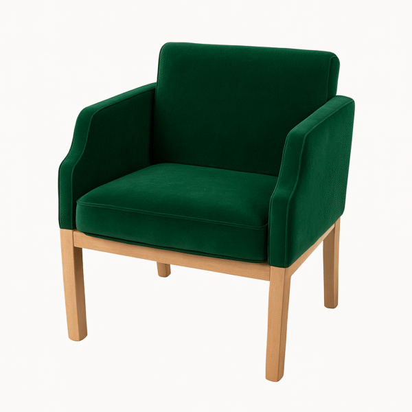 A modern green velvet armchair with wooden legs, perfect for adding style to any living space.