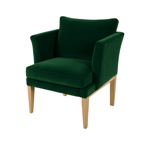 A stylish green velvet armchair with wooden legs, perfect for contemporary home decor.