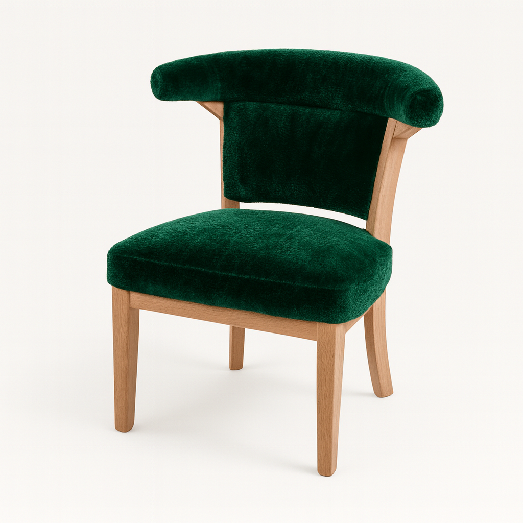 Stylish green velvet chair featuring a unique back design and light wooden legs