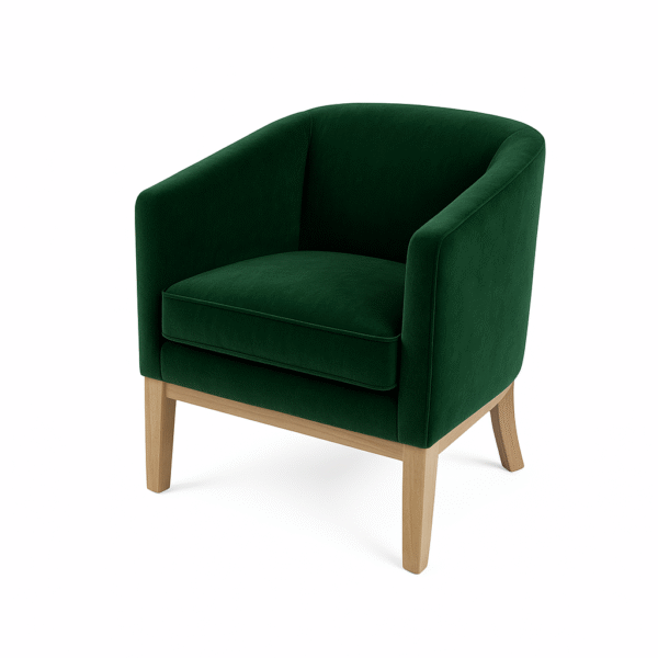 A modern green velvet armchair with light wooden legs, perfect for contemporary living spaces.