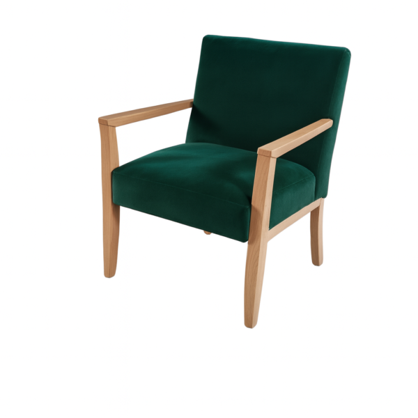 A stylish green velvet armchair featuring a light wooden frame, perfect for contemporary home decor.