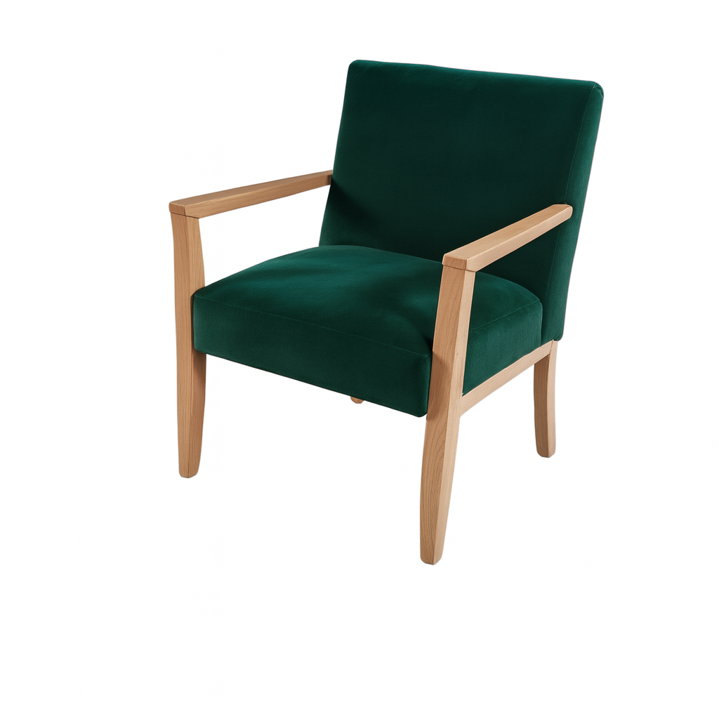 A stylish green velvet armchair featuring a light wooden frame, perfect for contemporary home decor.