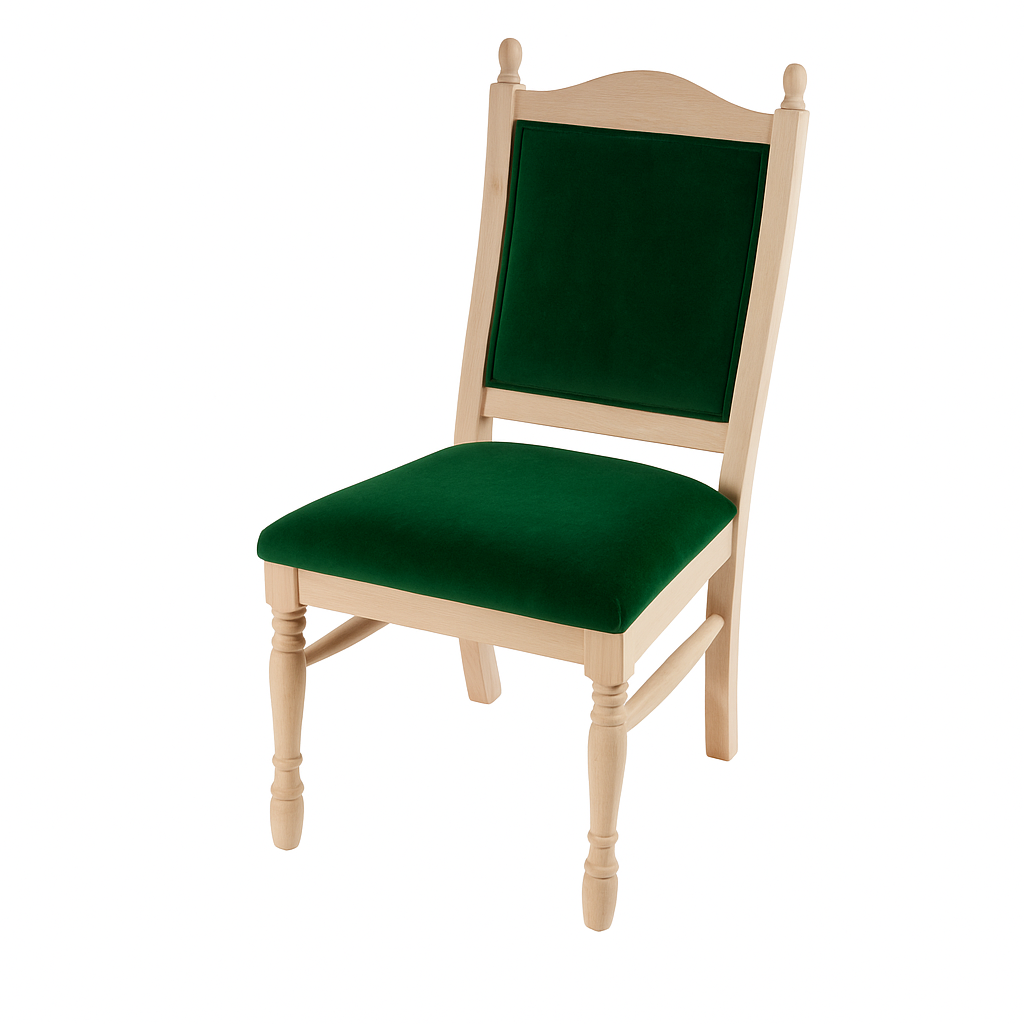 A beautifully crafted green velvet chair featuring a light wooden frame, perfect for adding a touch of elegance to any room.