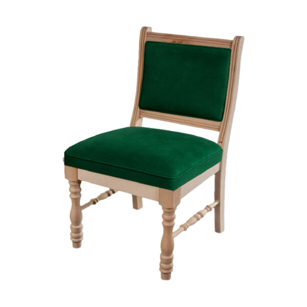 A stylish green velvet chair featuring a wooden frame, perfect for interior decoration.