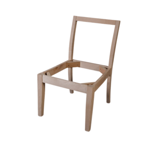 A wooden chair frame without a seat or backrest, showcasing its basic structure.