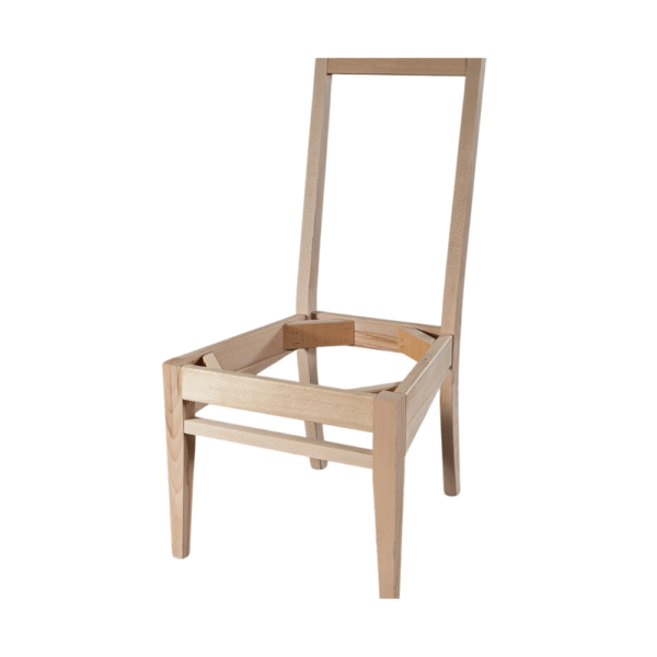 Bare wooden chair frame without upholstery or seat, showcasing the structure and design.