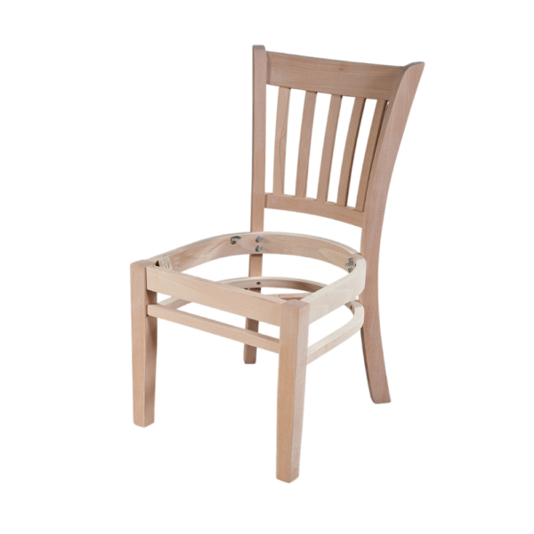 A wooden chair frame showcasing the structure without the seat, highlighting its slatted back and sturdy legs.