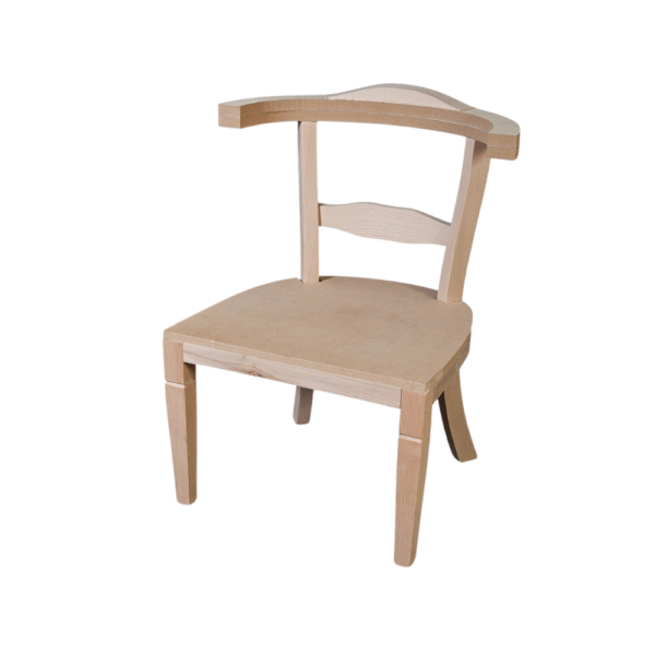 A minimalist wooden chair with a unique backrest design, showcasing its natural wood finish.