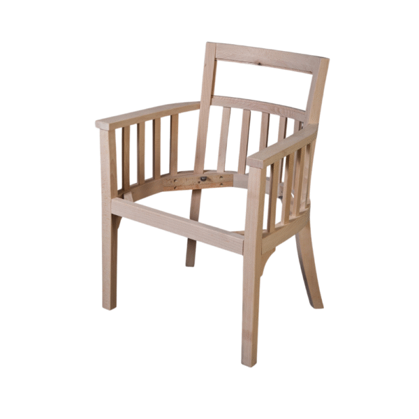 A minimalist wooden chair with a simple design, featuring an open frame and no upholstery.