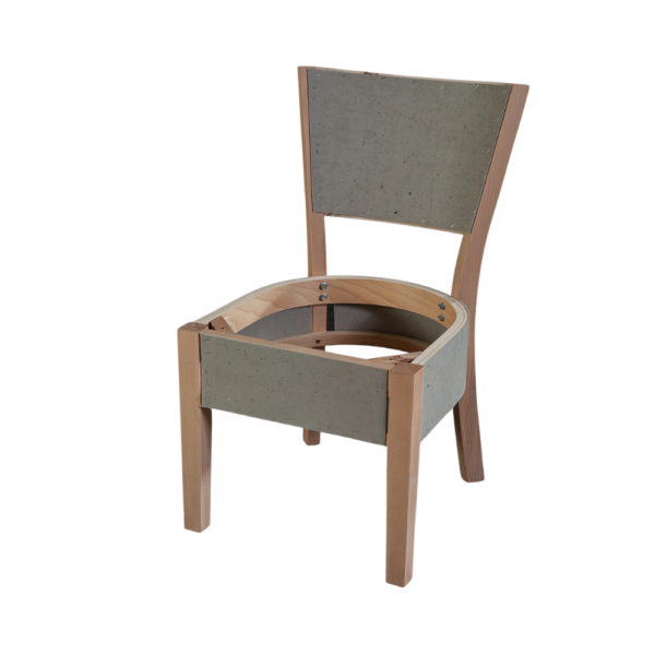 A partially assembled modern wooden chair frame showcasing the structure and design elements.