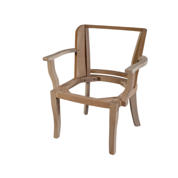Unfinished wooden chair frame with no upholstery, showcasing its structure and design.