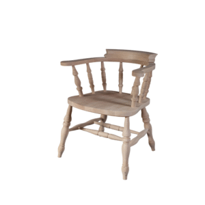 A rustic wooden armchair featuring a spindle design and a natural finish.