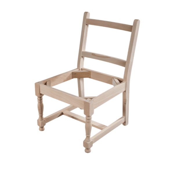 A wooden chair frame without a seat or backrest, showcasing its structure and design.