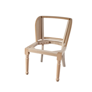 A minimalist unfinished wooden chair frame highlighting its structure and design without a seat or back panel.