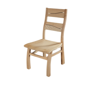 A simple wooden dining chair with a slatted backrest and a minimalist design.