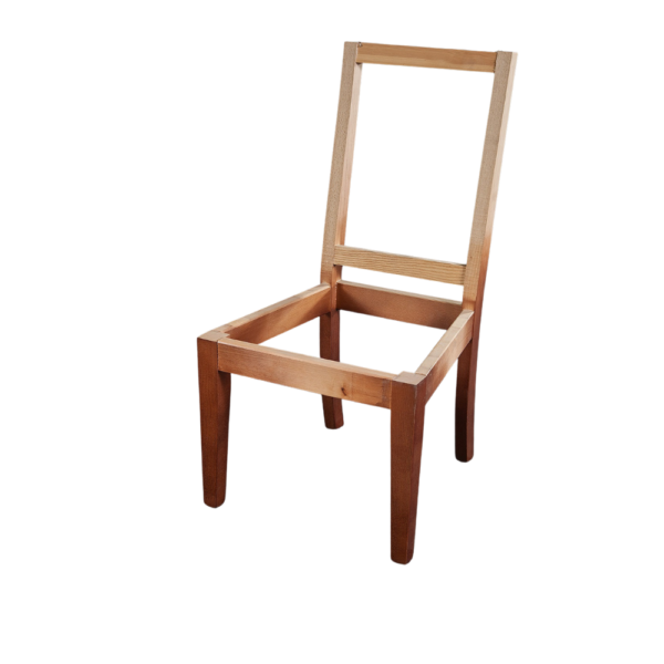 A wooden chair frame without seat and backrest showcasing a minimalist design