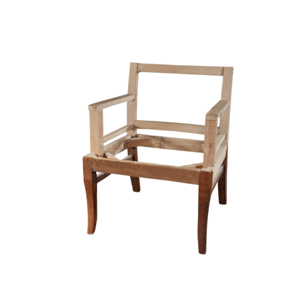 Unfinished wooden armchair with a minimalist design, showcasing its frame and structure.