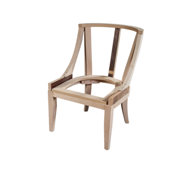 A partially constructed modern wooden chair frame showcasing its design and craftsmanship.