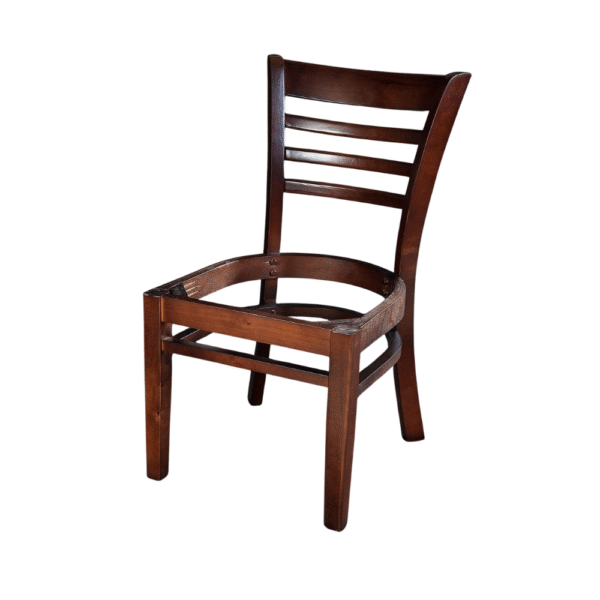 A wooden dining chair with a slatted back and no seat, showcasing its construction.