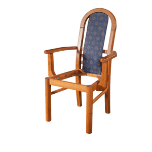 A stylish wooden chair featuring a blue patterned fabric backrest, perfect for home decor.
