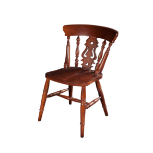 A vintage wooden chair featuring a curved backrest and detailed spindle design, perfect for rustic decor.
