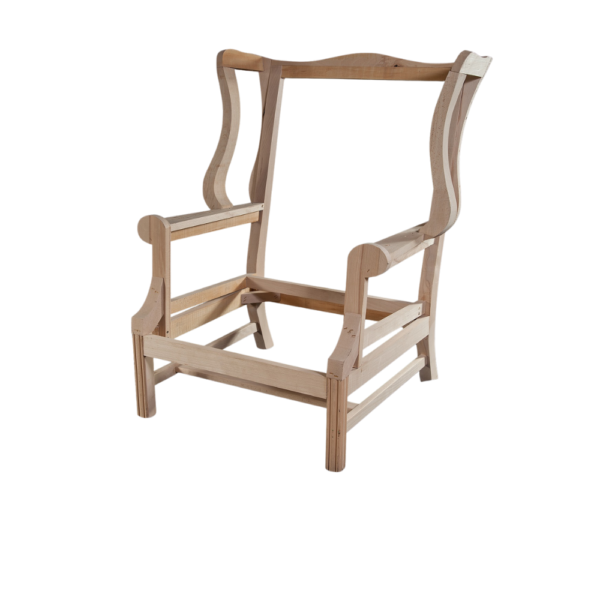 A bare wooden chair frame with a classic design, showcasing its structure without upholstery