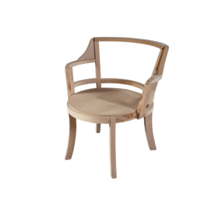 Sleek wooden armchair with curved back and seat, showcasing minimalist style.