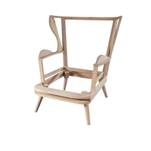 Unfinished wooden chair frame with open structure and legs