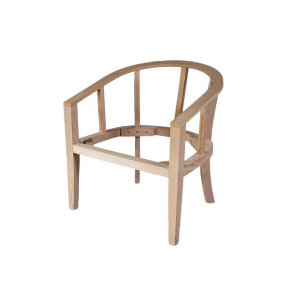 Unfinished modern wooden chair frame showcasing a minimalist design without upholstery