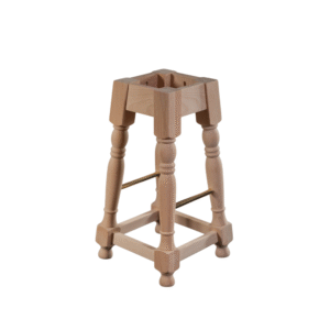 A rustic wooden stool featuring a square top and decorative turned legs