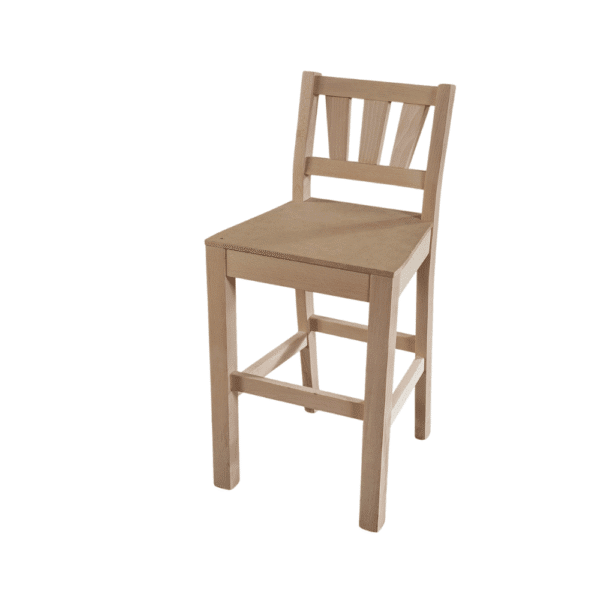 A simple wooden bar stool featuring a backrest, suitable for kitchen or dining areas.