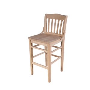 A stylish and sturdy wooden bar stool with a slatted back design.