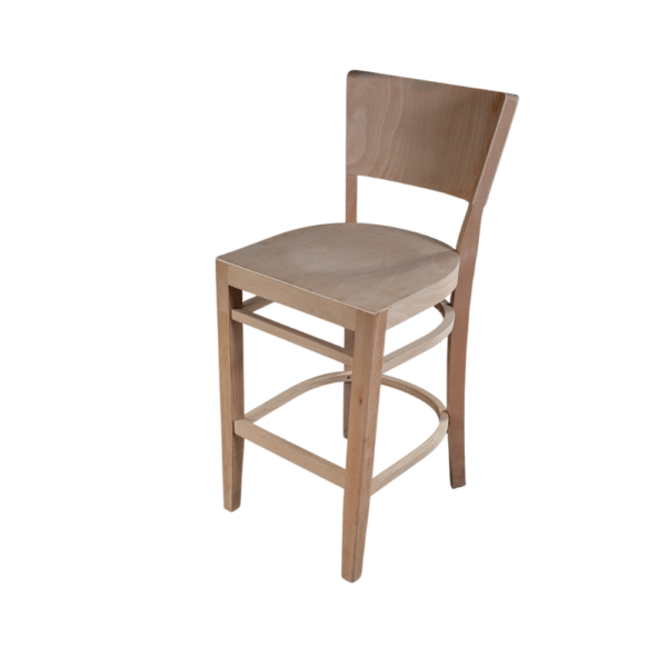 A minimalist wooden bar stool with a simple design and natural finish.