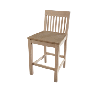 A wooden bar stool featuring a slatted backrest and a simple design, suitable for modern interiors.