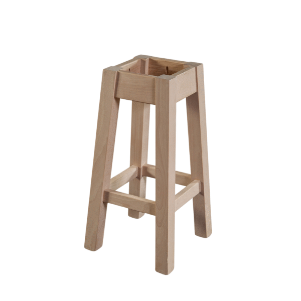 A tall, natural wood plant stand with a square top and sturdy legs