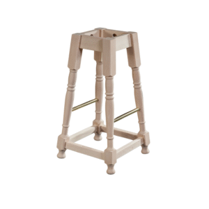 A stylish unfinished wood bar stool frame with a square top and decorative turned legs.