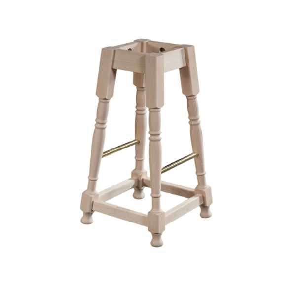 A stylish unfinished wood bar stool frame with a square top and decorative turned legs.