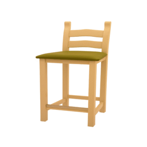 A wooden bar stool featuring a light-colored frame and a green cushioned seat, designed for comfort and style.