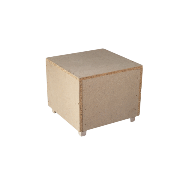 A square cube foot stool with a minimalist design and short legs.