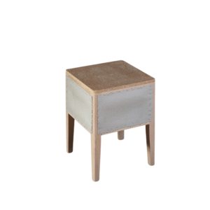 A modern wooden side table with gray panels and natural wooden legs, perfect for home decor.