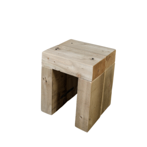 A simple wooden stool with a natural finish, featuring a square seat and sturdy legs.