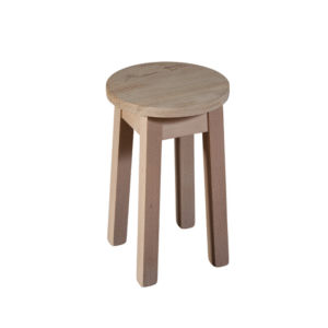 A minimalist wooden stool with a round seat and four sturdy legs, showcasing a natural wood finish.