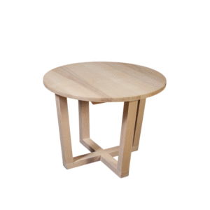 Stylish round coffee table made of light wood with a minimalist design and geometric base.