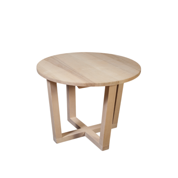 Stylish round coffee table made of light wood with a minimalist design and geometric base.