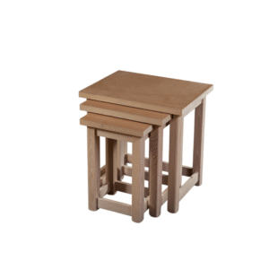 Set of three modern wooden nesting tables with a minimalist design.